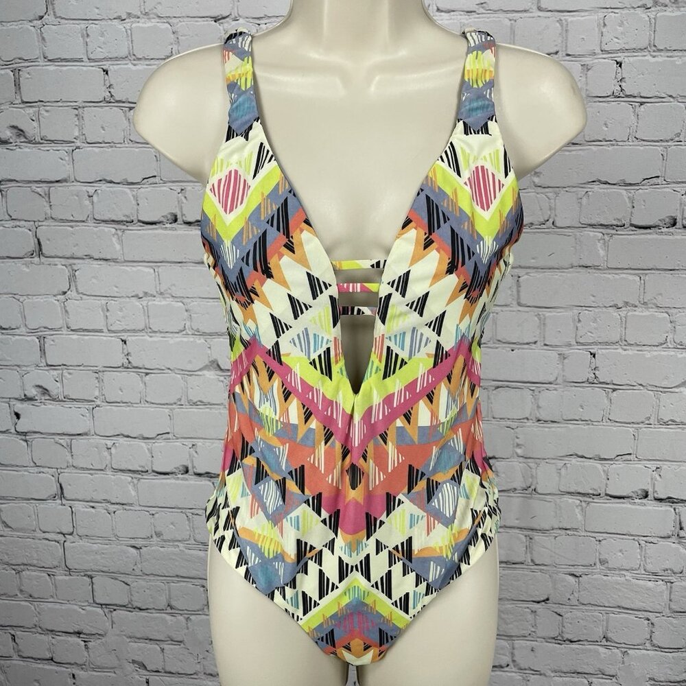 BECCA Multicolor Print Strappy Back Lined One Piece Swimsuit Size Small S
